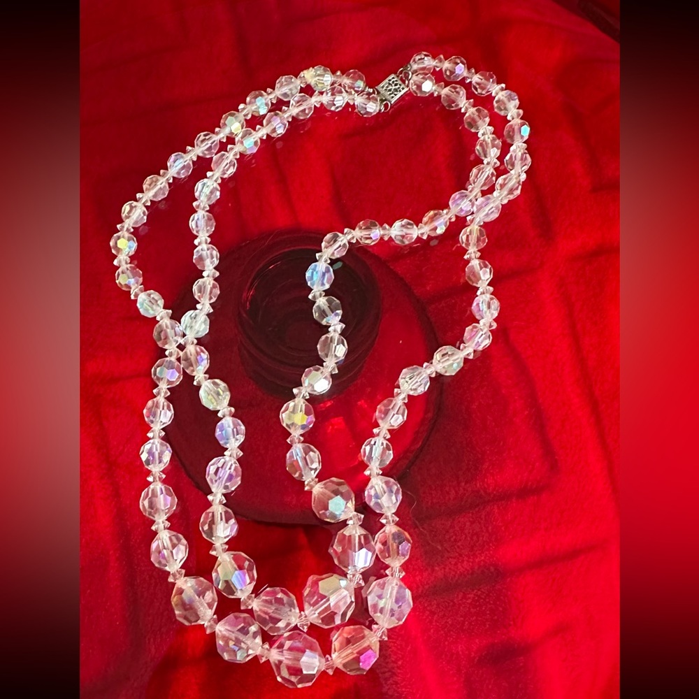 Vtg Faceted AB Crystal Double Strand Necklace 925 Sterling Filigree Clasp 18”